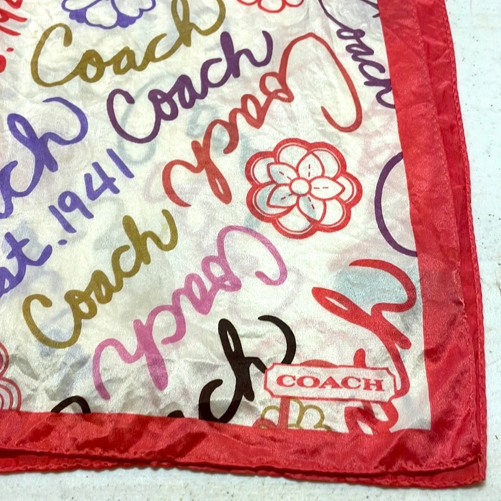 Coach Cream Silk Scarf with Red Border and Multicolor Script - Picture 3 of 9